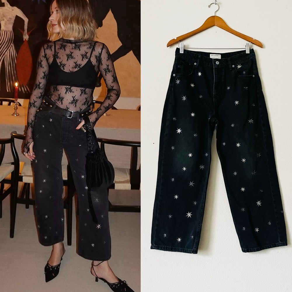 WE THE FREE SIZE 26 Deep Trance Shine Embroidered Dropped Boyfriend Jeans - Star